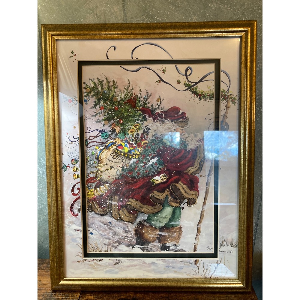 Vintage Framed Santa Claus Print Signed Christmas Holiday Art Decor